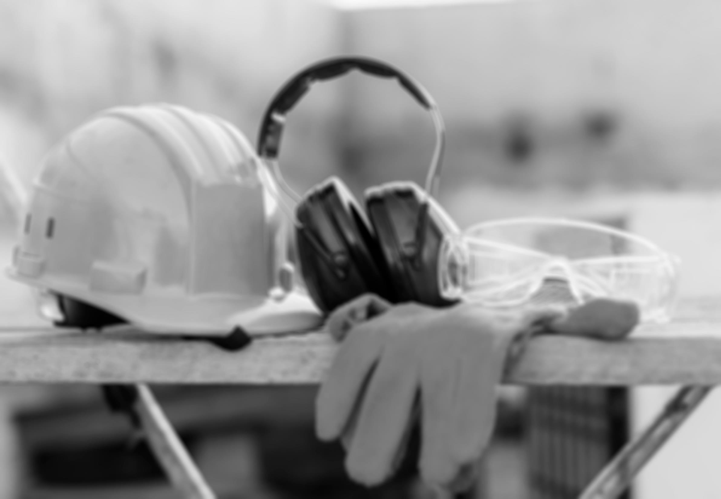 Hard hat, hearing protection, gloves and safety eyewear